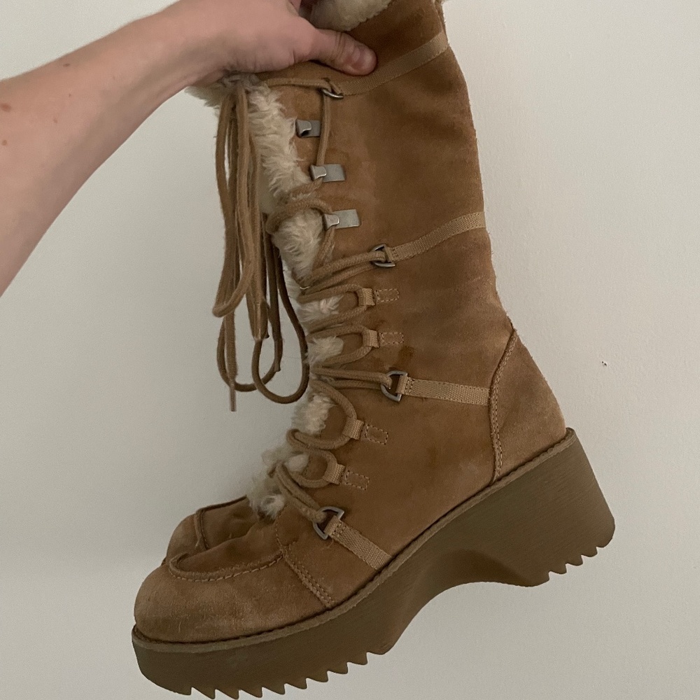 Report Tan Suede Fur-Lined Platform Lace-up Boots, Size 9